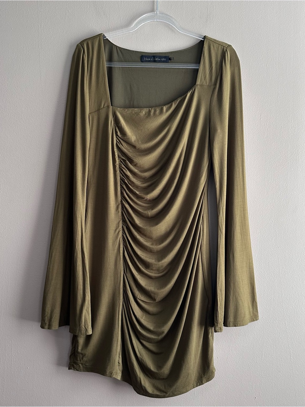 House of Harlow 1960 x Revolve Olive Green Yael Ruched Mini Dress Womens Large